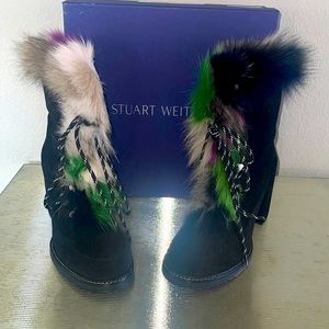 Stuart Weitzman Nero Velour Boots w/ Multi Colored Fur